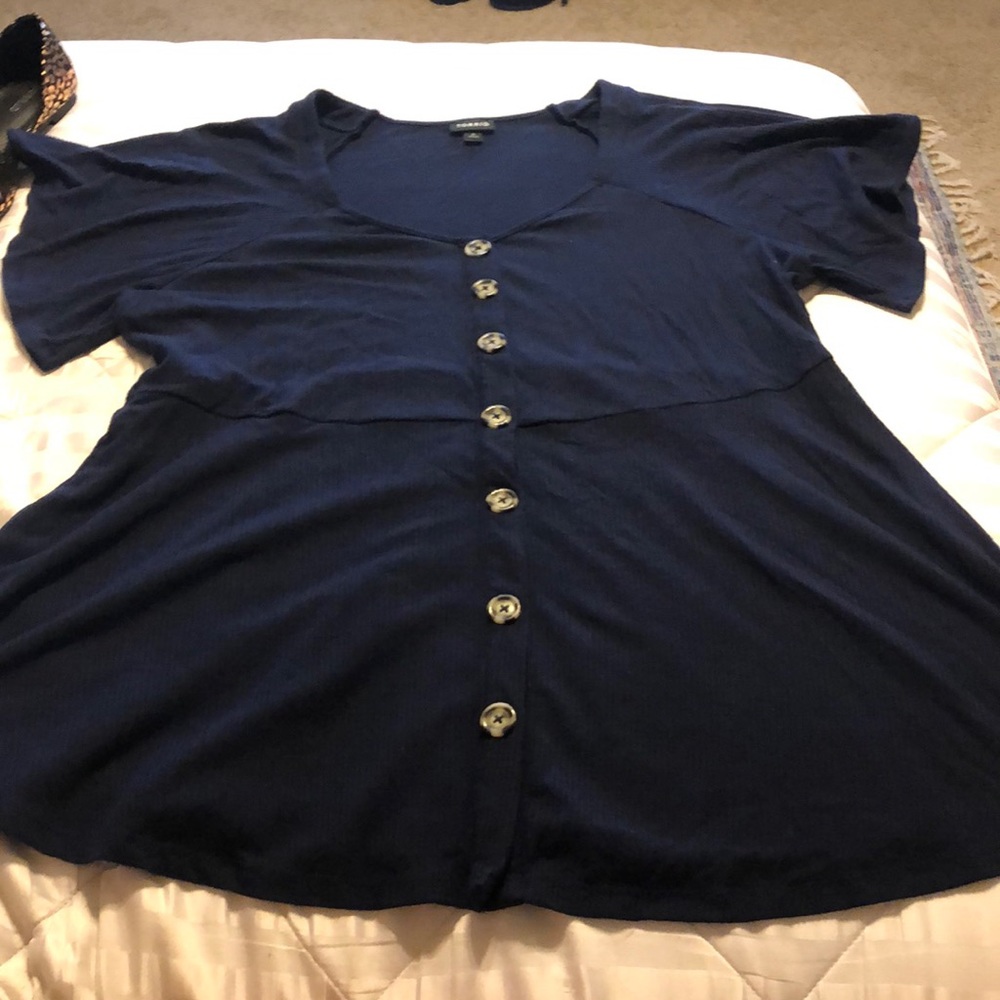 Navy Ribbed Button Top